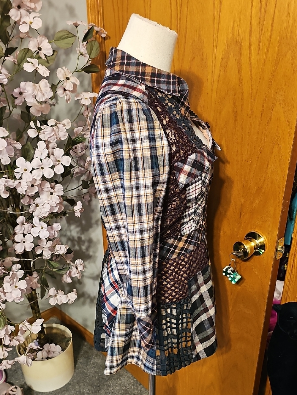 Byron Lars Plaid Sheer Panel Peplum Top - Picture 6 of 9